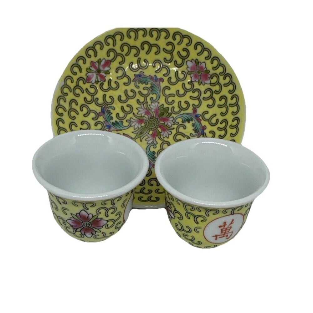 Vintage Chinese Porcelain Yellow Mun Shou Famille Jaune 2 Saki cups and 1 Saucer